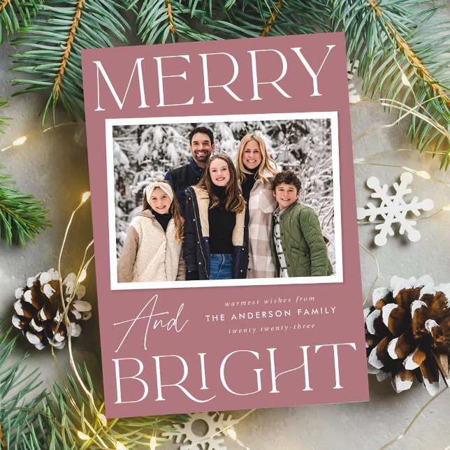 Modern Snapshot Dusty Rose Merry and Bright Photo Holiday Card (Creator Uploaded)