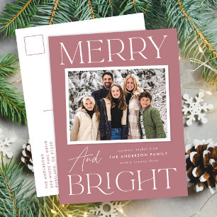 Modern Snapshot Dusty Rose Merry and Bright Photo Holiday Postcard