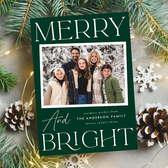 Modern Snapshot Green Merry and Bright Photo Holiday Card (Creator Uploaded)