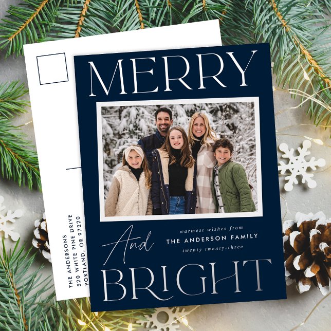 Modern Snapshot Navy Merry and Bright Photo Foil Holiday Postcard (Creator Uploaded)