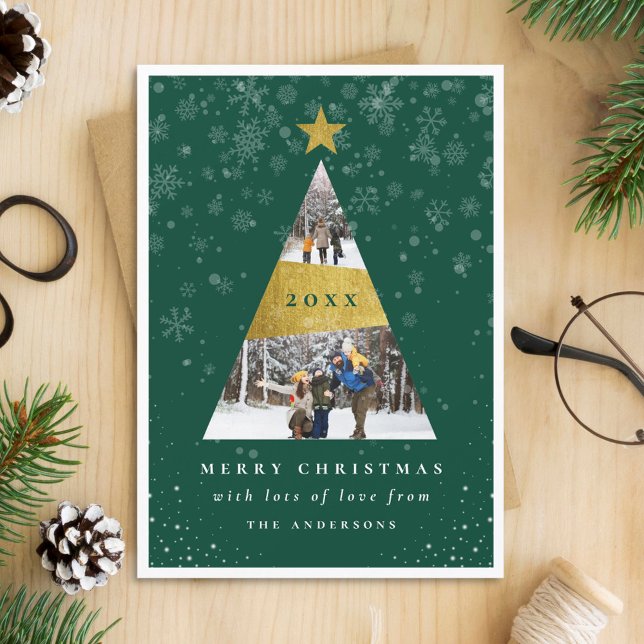Modern Snow & Gold Foil Christmas Tree Photo Frame Invitation (Creator Uploaded)