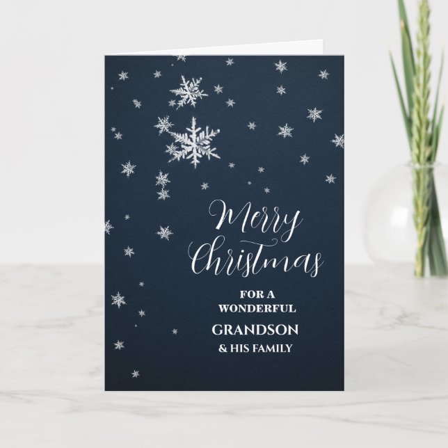 Modern Snow Grandson & Family Merry Christmas Card (Front)