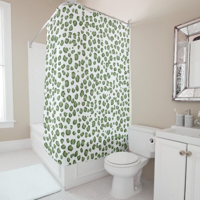 Modern Snow Leopard Animal Print Army Green Shower Curtain (In Situ)