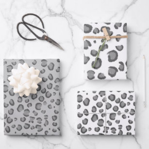 Modern Snow Leopard Grey Black White Animal Print Wrapping Paper Sheet