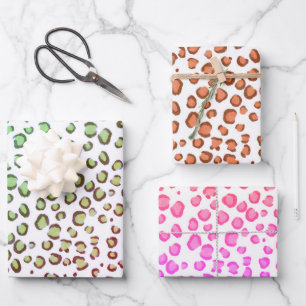 Modern Snow Leopard Red Pink Green Animal Print Wrapping Paper Sheet