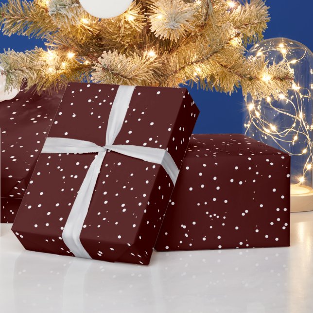Modern snow pattern white polkadots on maroon wrapping paper (Holidays)
