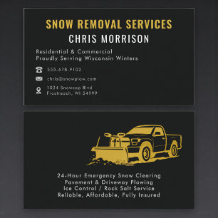 Modern Snow Plowing Removal Black Gold Business Card