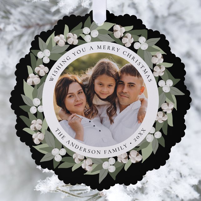 Modern Snowberry Greenery Wreath Black Photo Tree Decoration Card (Creator Uploaded)