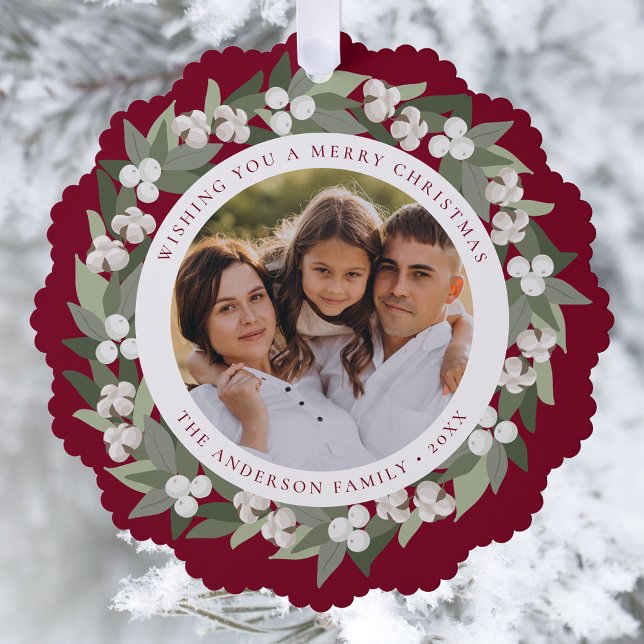 Modern Snowberry Greenery Wreath Burgundy Photo Tree Decoration Card (Creator Uploaded)