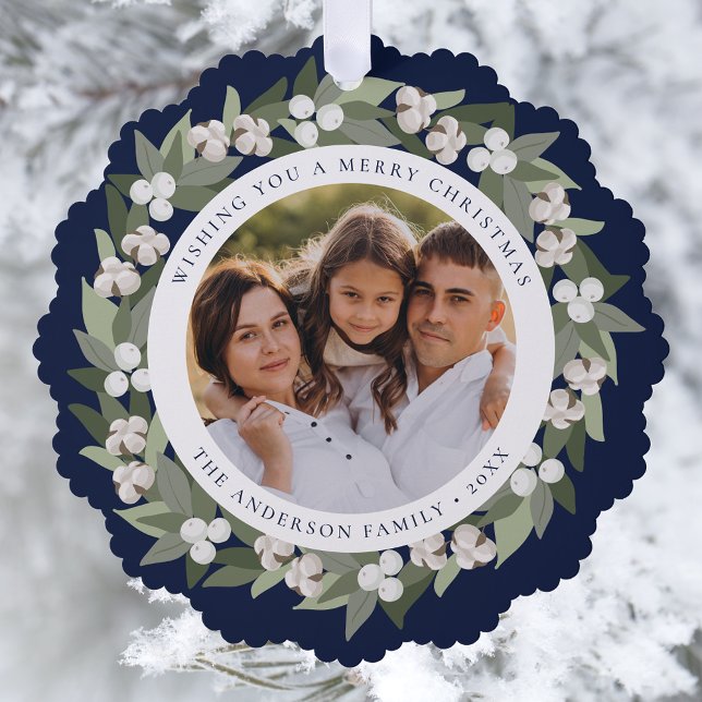Modern Snowberry Greenery Wreath Navy Photo Tree Decoration Card (Creator Uploaded)