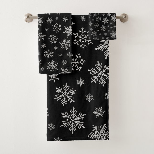 Modern Snowflake 2 -Black & Silver Grey- Bath Towel Set (Insitu)