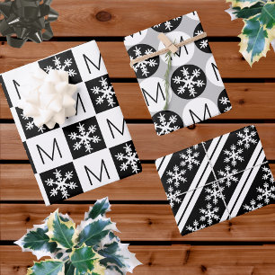 Modern Snowflake Black And White Add Monogram Wrapping Paper Sheet