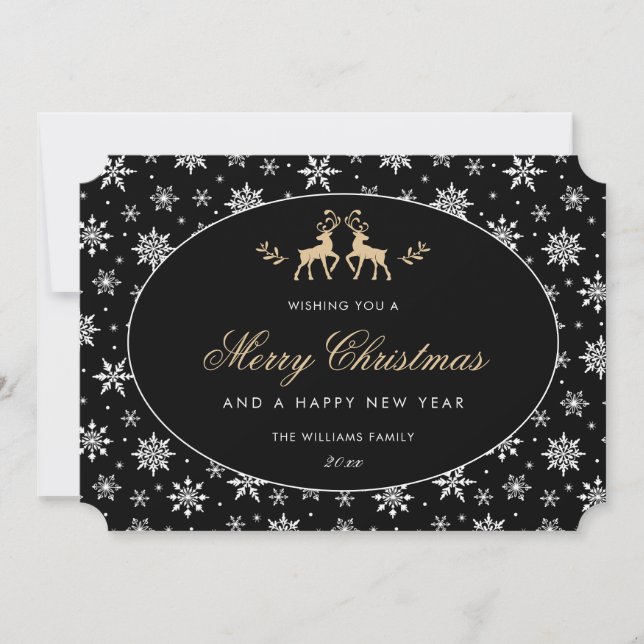 Modern Snowflake Black White Gold Reindeer Holiday Card (Front)