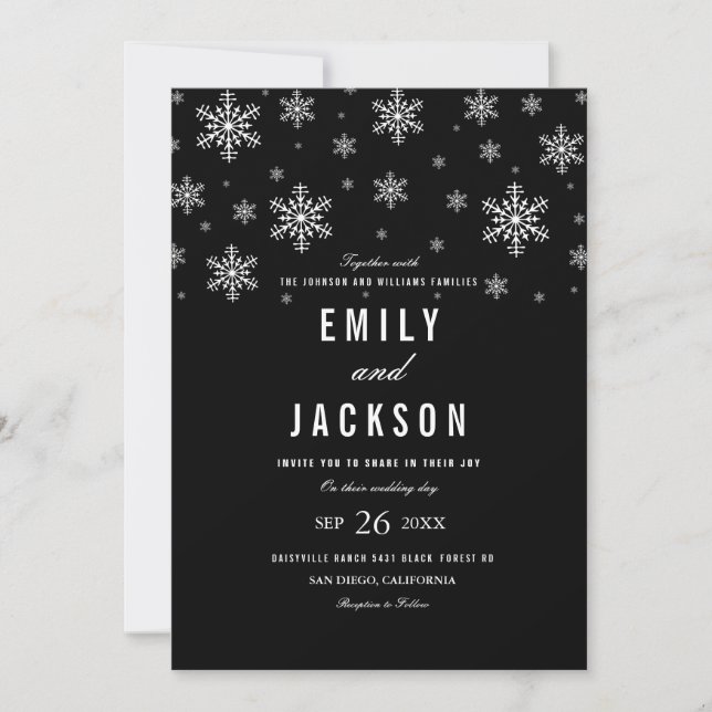 Modern Snowflake Black & White Wedding Invitation (Front)
