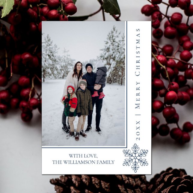 Modern Snowflake Christmas Photo Card | Blue (Blue Modern Snowflake Christmas Photo Card)