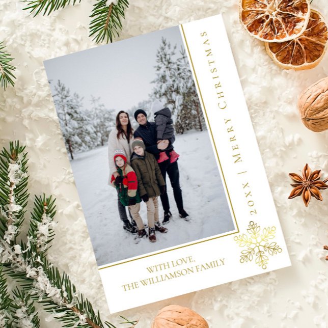Modern Snowflake Christmas Photo Card | Gold (Gold Modern Snowflake Christmas Photo Card)