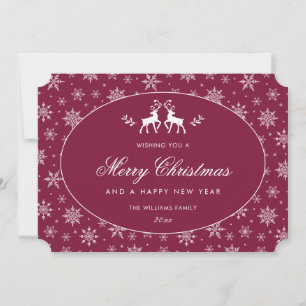 Modern Snowflake Claret Red White Reindeer Holiday Card