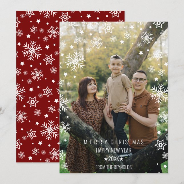 Modern Snowflake Frame Photo Overlay Red Christmas (Front/Back)
