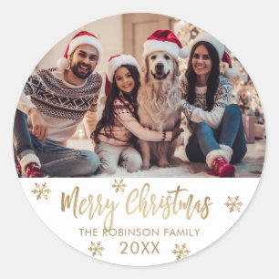 Modern Snowflake Gold and White Photo Christmas Classic Round Sticker