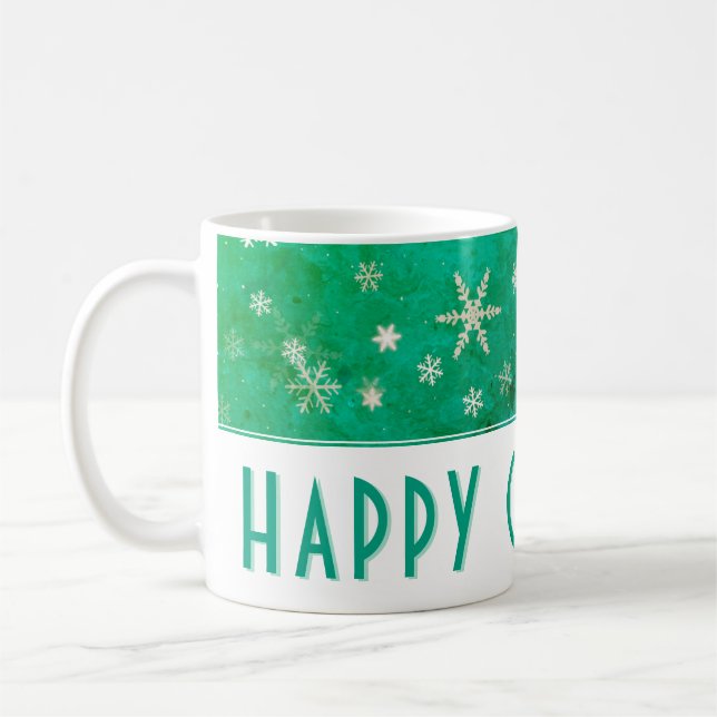 Modern Snowflake Green Happy Christmas Coffee Mug (Left)