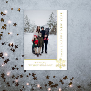 Modern Snowflake New Year's Photo Card Gold