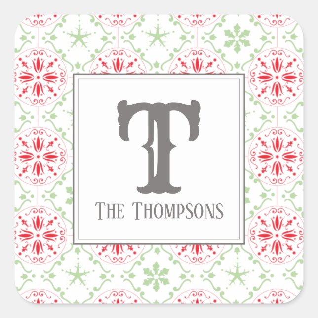 Modern Snowflake Pattern Holiday Monogram Square Sticker (Front)