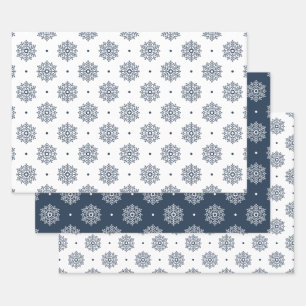 Modern Snowflake Pattern Navy Blue Wrapping Paper Sheet