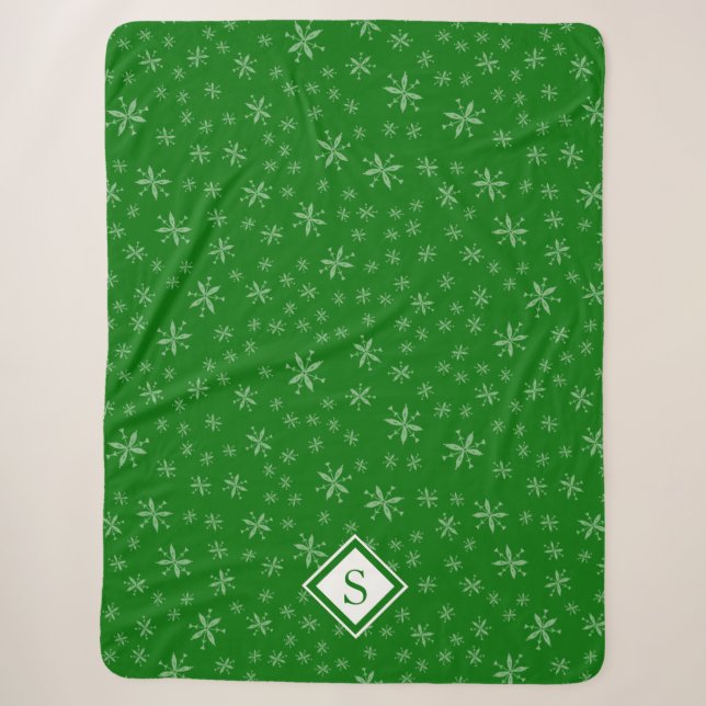 Modern Snowflake Pattern on Green Monogrammed Sherpa Blanket (Front)