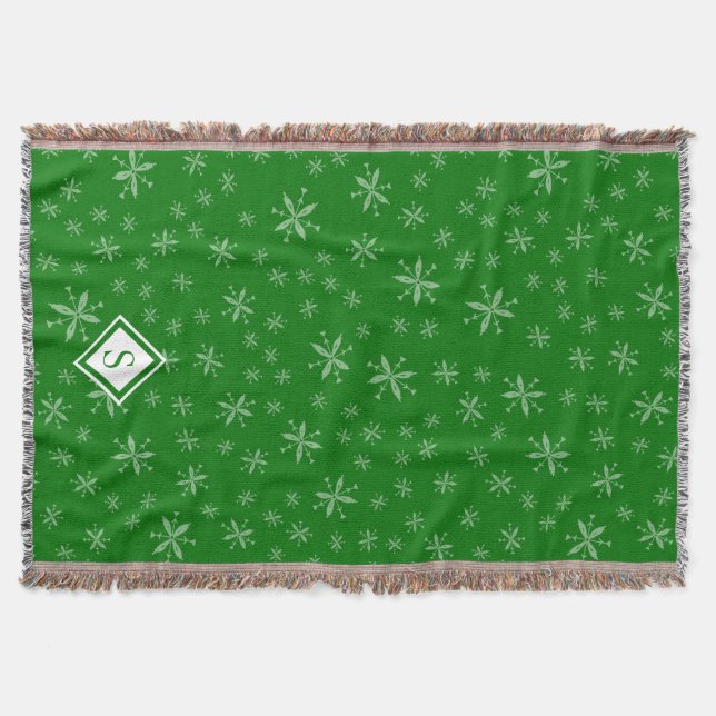 Modern Snowflake Pattern on Green Monogrammed Throw Blanket (Front)
