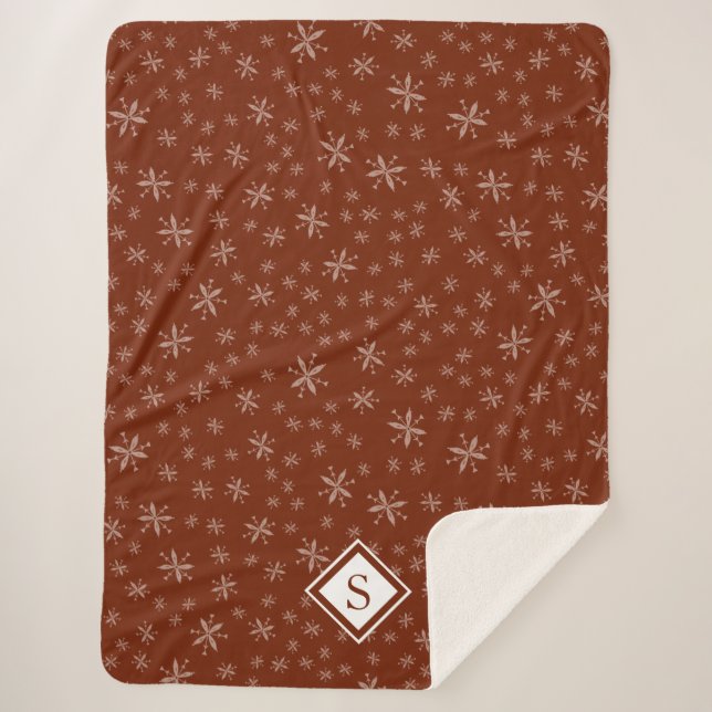Modern Snowflake Pattern on Red Monogrammed Sherpa Blanket (Front)