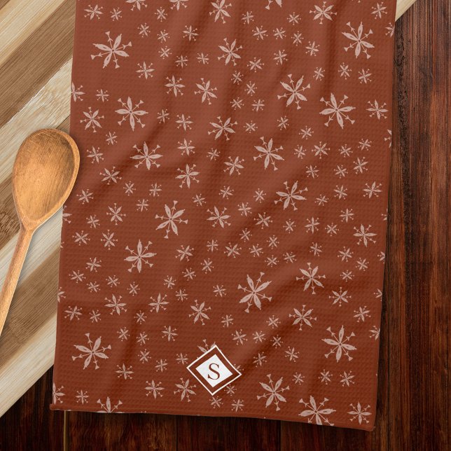 Modern Snowflake Pattern on Red Monogrammed Tea Towel (Creator Uploaded)