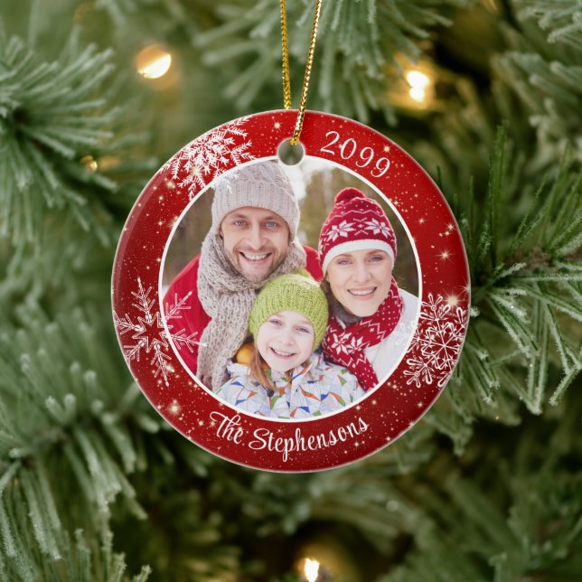 Modern Snowflake Photo Red White Personalized Ceramic Tree Decoration (Tree)