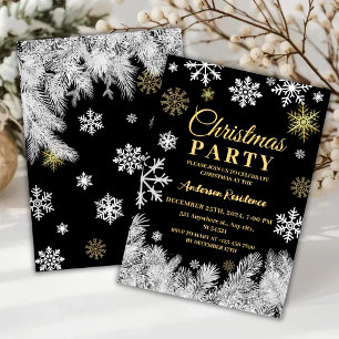 Modern snowflake pine black winter Christmas party Invitation