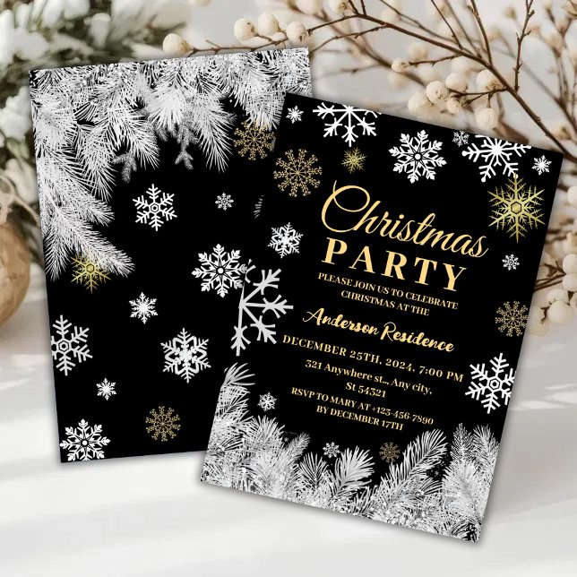 Modern snowflake pine black winter Christmas party Invitation (Creator Uploaded)