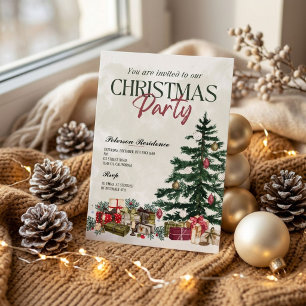 Modern snowflake pine navy winter Christmas party Invitation