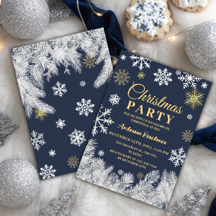 Modern snowflake pine navy winter Christmas party Invitation