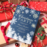 Modern snowflake pine navy winter Christmas party Invitation<br><div class="desc">A modern winter Holiday  Christmas gold glitter,  silver and white snowflakes illustration on editable ice blue background,  all the illustrations colour are editable to match your own colour palette with white pine tree branches on navy blue background with an elegant script typography.</div>