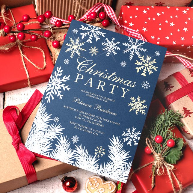 Modern snowflake pine navy winter Christmas party Invitation (Creator Uploaded)