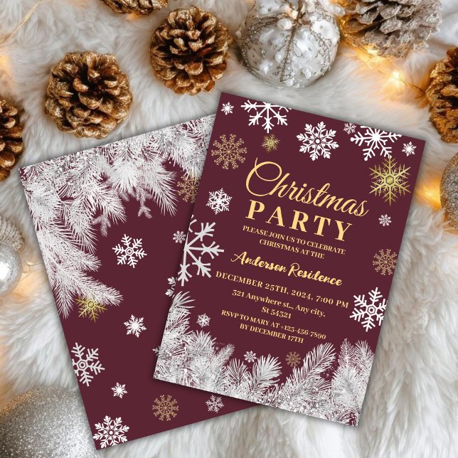 Modern snowflake pine red winter Christmas party Invitation (Creator Uploaded)