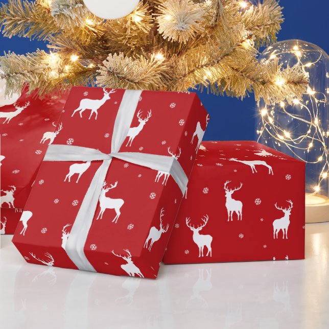 Modern Snowflake Reindeer Red Holiday Pattern  Wrapping Paper (Holidays)