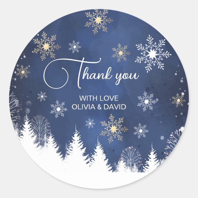 Modern Snowflake Winter Navy and Gold Classic Round Sticker (Front)