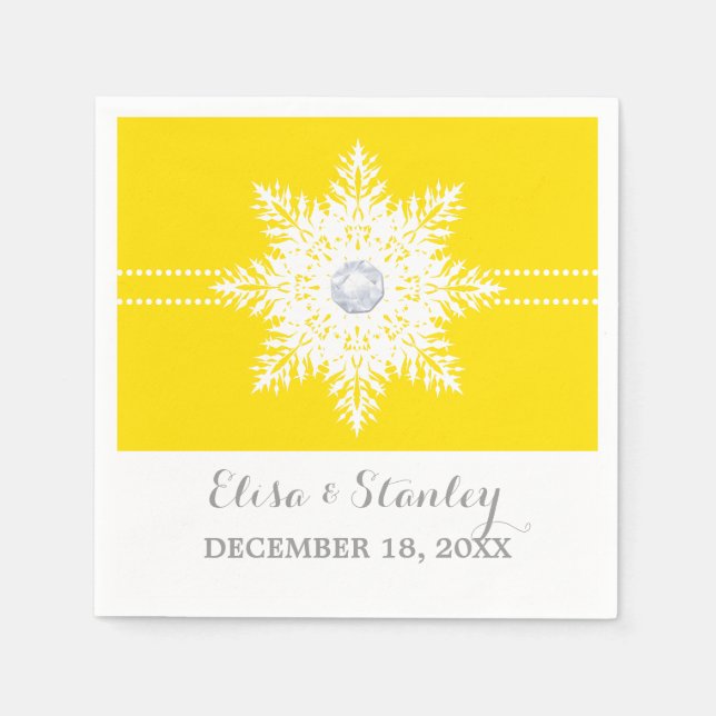 Modern snowflake yellow, white winter wedding napkin (Front)