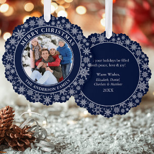Modern Snowflakes Blue Merry Christmas Photo Tree Decoration Card