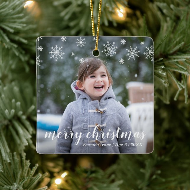 Modern Snowflakes Cute Photo Elegant Christmas Ceramic Ornament (Tree)