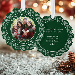 Modern Snowflakes Green Happy Holidays Photo Tree Decoration Card