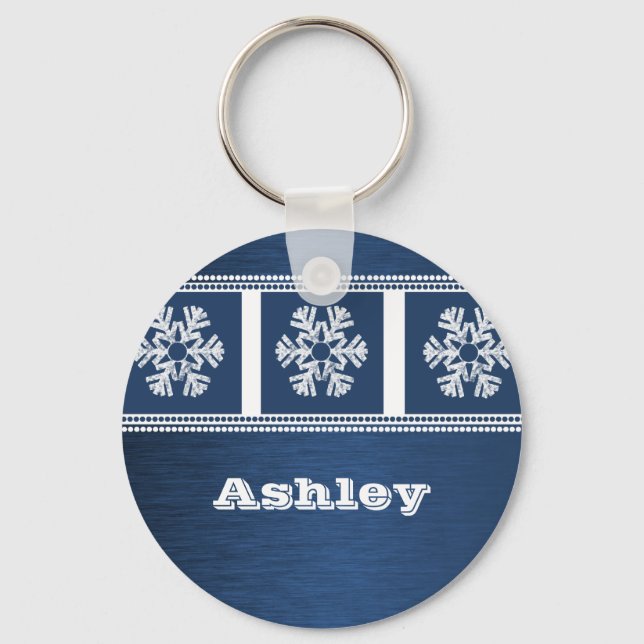 Modern Snowflakes Holiday Keychain, Royal Blue Key Ring (Front)