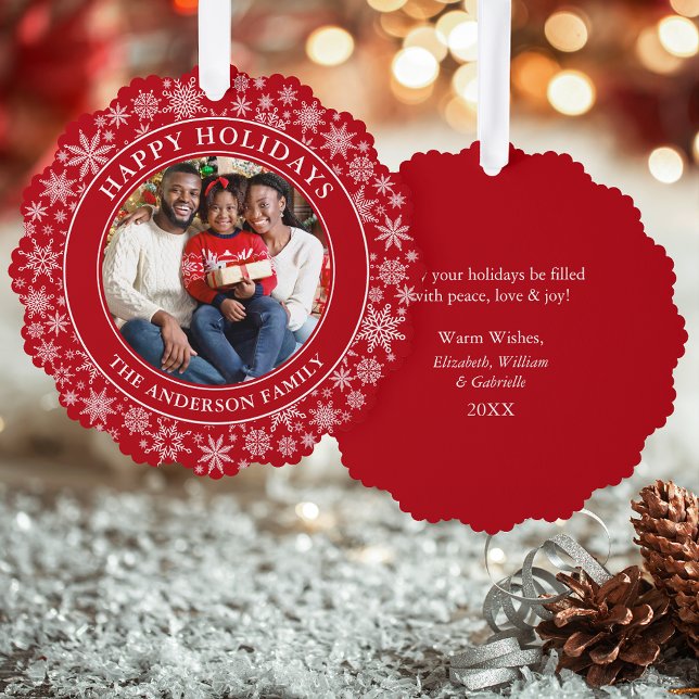 Modern Snowflakes Photo Happy Holidays Red Tree Decoration Card (A greeting card that is also an ornament! Customize with your photo and personalized text.)
