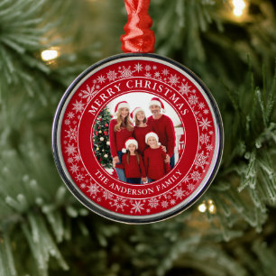 Modern Snowflakes Photo Merry Christmas Red Metal Tree Decoration