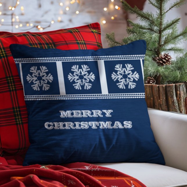 Modern Snowflakes Pillow, Blue Cushion (Blue Modern Snowflakes Throw Pillow)