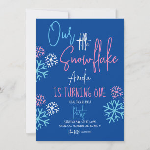 Modern Snowflakes Pink Blue 1st Birthday Party  Invitation